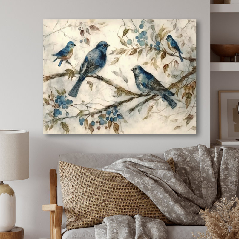 Quatre oiseaux bleus rétro sur une branche IV - Art mural oiseau, H 30 po x l 40 po x P 1,5 po, Toile tendue
