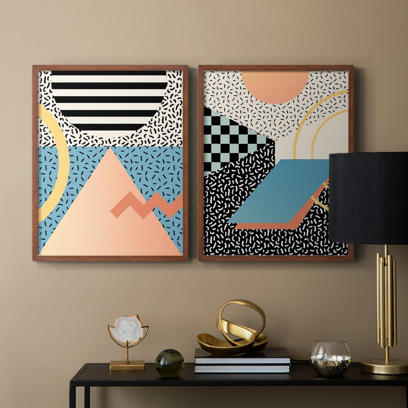 Impression encadrée moderne Memphis I-Premium - prête à être accrochée - aucun clou requis - aucun clou requis, Noyer
