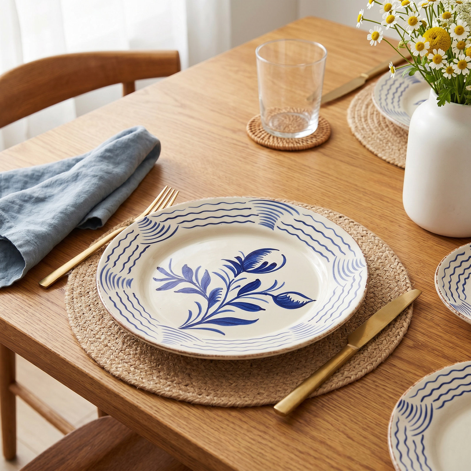 Casa Nuno Blue and White Dinner Plate, 2 Flowers/Waves, Set of 2