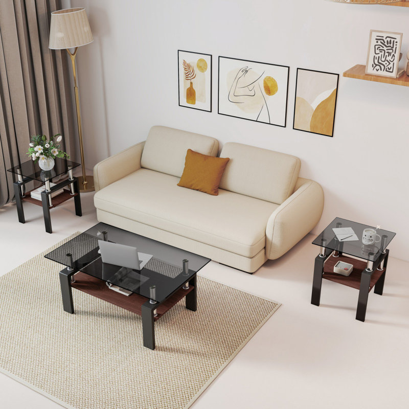 Ensemble de 2 tables à thé modernes en verre trempé, plateau en verre trempé avec panneau de fibres à densité moyenne, table basse, table de bout, table carrée pour le salon, gris / noir