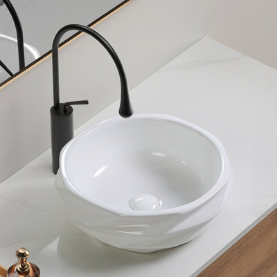 Round Diamond-Quilted Ceramic Vessel Sink - 15.75"×5.9" Textured Bathroom Basin, No Faucet Hole, Gloss White Without Drain, Compact For Powder Rooms & RV