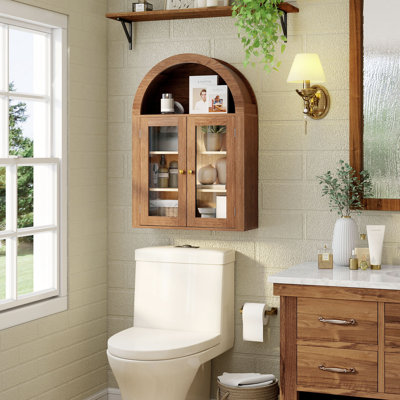 Wall Bathroom Cabinet with Glass Doors, Wood Medicine Cabinet with Adjustable Shelf, Arched Hanging Cabinet for Bathroom, Living room, Walnut