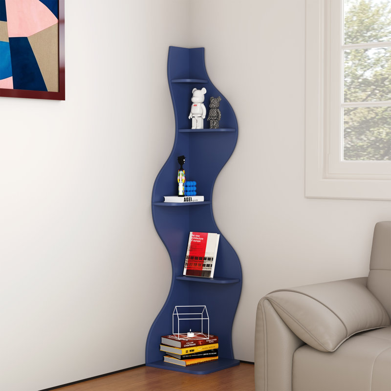 Bibliothèque d'angle moderne, grande étagère d'angle à 5 niveaux pour petits espaces, bibliothèque d'angle ondulée avec rangement, étagère en bois pour plantes, livres et décor, plusieurs couleurs et tailles (jaune)