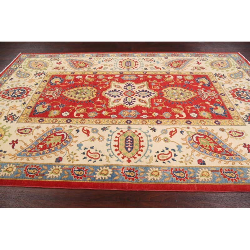 Tapis unique en laine noué à la main 6 pi 7 po x 9 pi 11 po nouvel âge en rouge / bleu / beige
