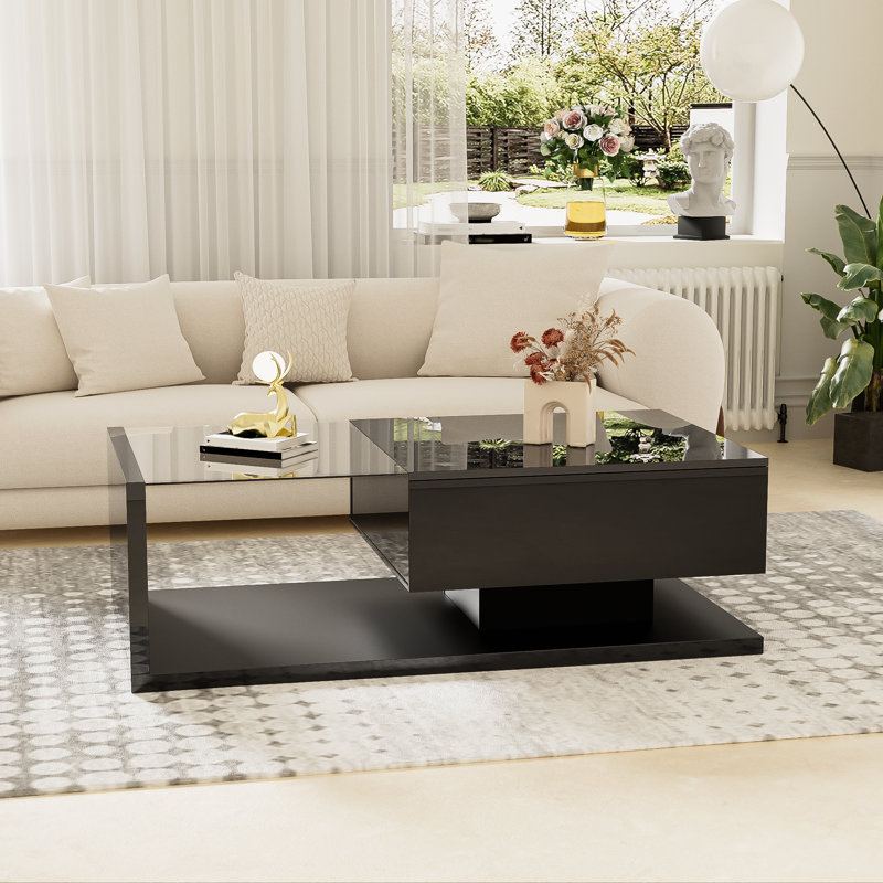 Camecia Pedestal Coffee Table with Storage, Black, Black