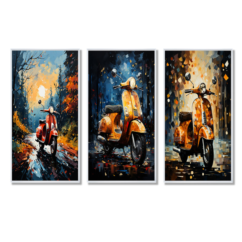 «Riding Scooter In The Country Autumn», ensemble de 3 reproductions d'art mural, Cadre flottant blanc, H 40 po x l 60 po