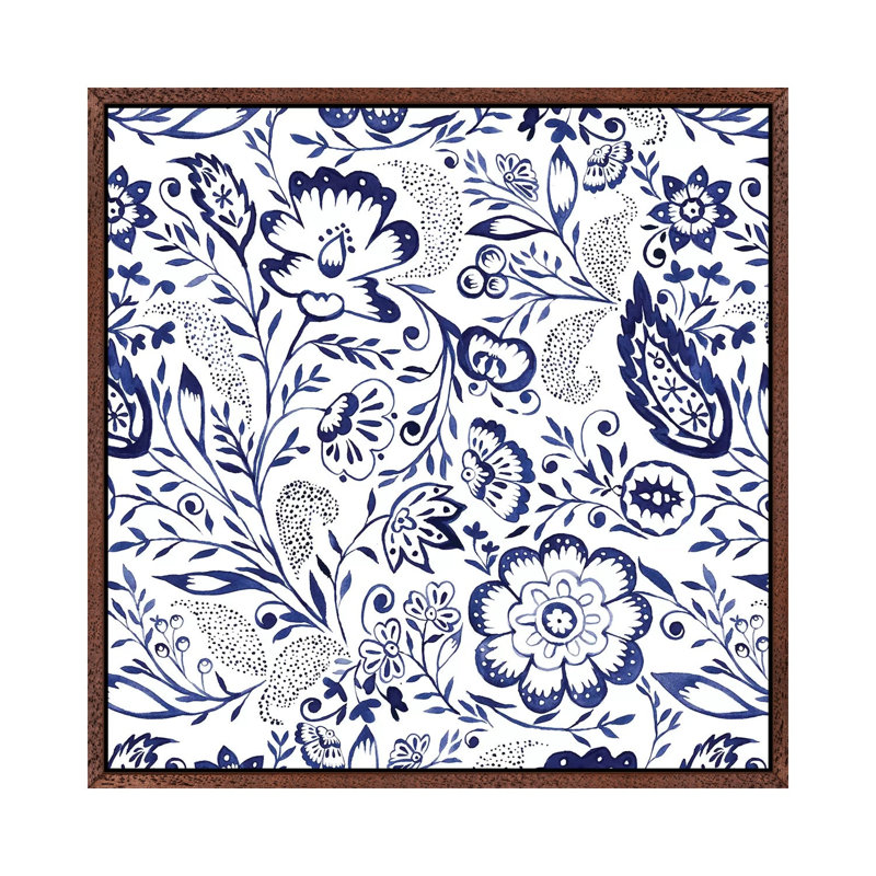 Folk Floral Indigo by Jacqueline Maldonado - Print on Canvas, Classic Brown Wood Framed, 66.04 cm H x 66.04 cm W