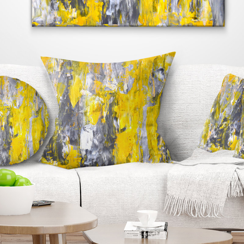 Coussin décoratif à motif abstrait gris et jaune, 18 po x 18 po, Carré