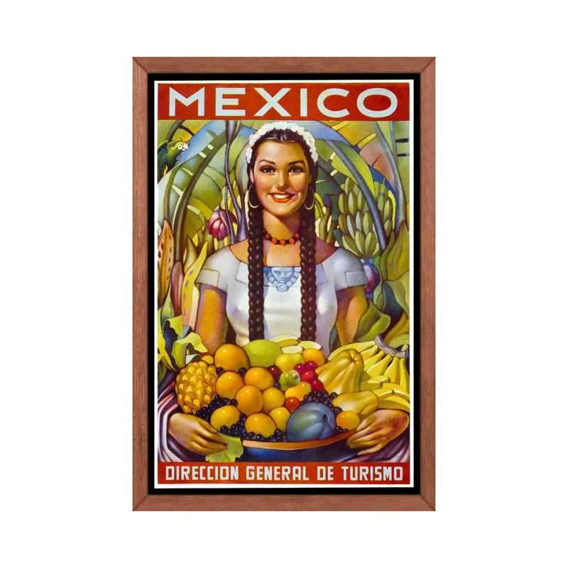 Mexique - impression d'art graphique, H 40 po x l 26 po x P 1,5 po, Toile avec cadre en bois brun