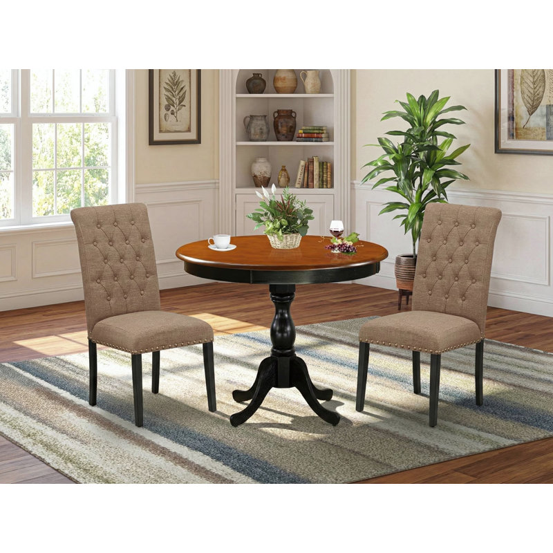 3-Pc Modern Dining Set Includes a Wooden Dinner Table and 2 Light Sable Linen Fabric Upholstered Dining Chairs with Button Tufted Back - Black Finish