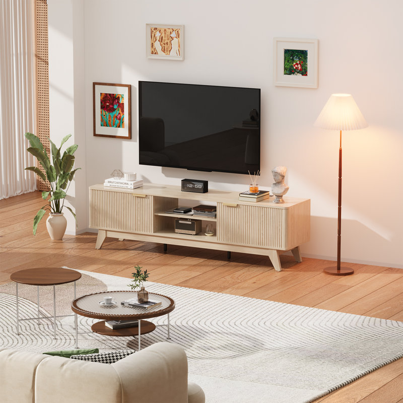 Meuble télé 70 po, console multimédia avec tablettes réglables et prise de courant, meuble télé Mid-Century pour le salon, bois naturel