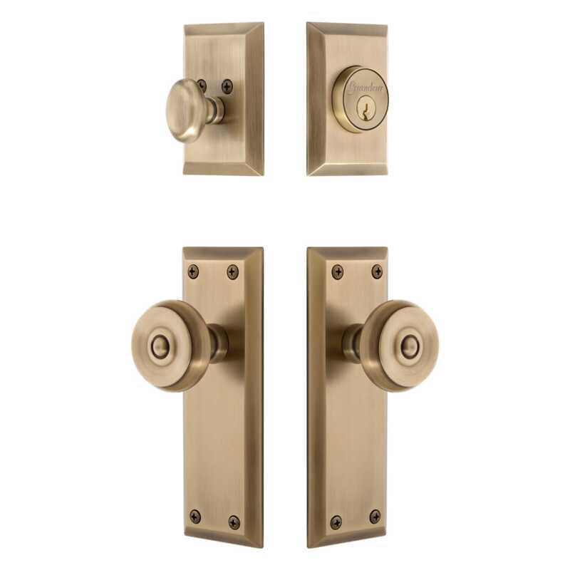 Grandeur Fifth Avenue Long Plate Entry Set with Bouton Knob in Timeless Bronze, 2.375", Vintage Brass