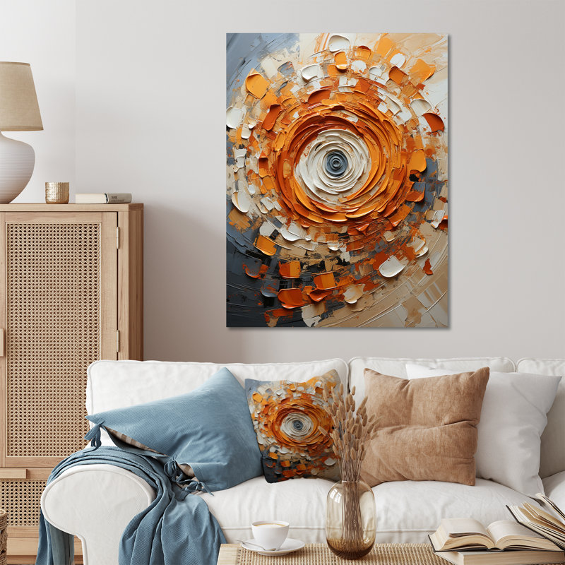 Collage abstrait en spirale orange et blanc - Art mural abstrait en métal, H 32 po x l 16 po x P 1 po