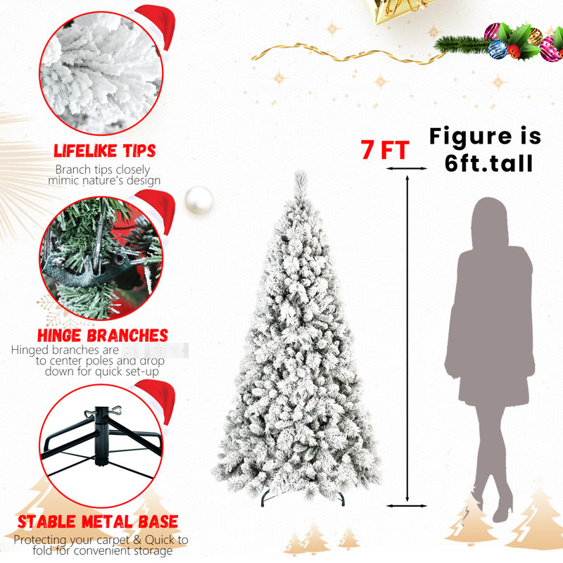 Arbre de Noël de 6 pi avec 752 pointes, branches floquées et à aiguilles dures, installation facile, support - idéal pour décorer le système à charnières enneigées, présentoirs de fête en métal parfaits