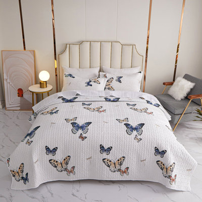 TAMERLANE Butterfly Quilt Set - Lightweight Soft Butterfly Bedspread for Bedroom Decor (White)
