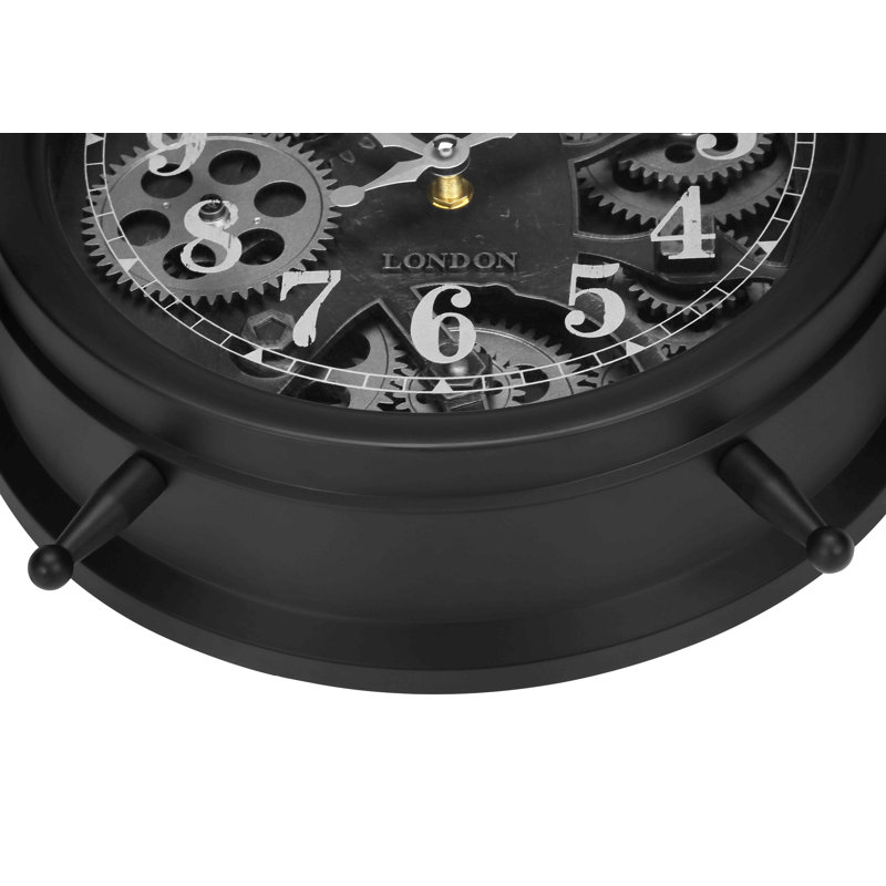 Clocks, 12" Round, Gear Mechanism, Table Clock, Black, Transitional