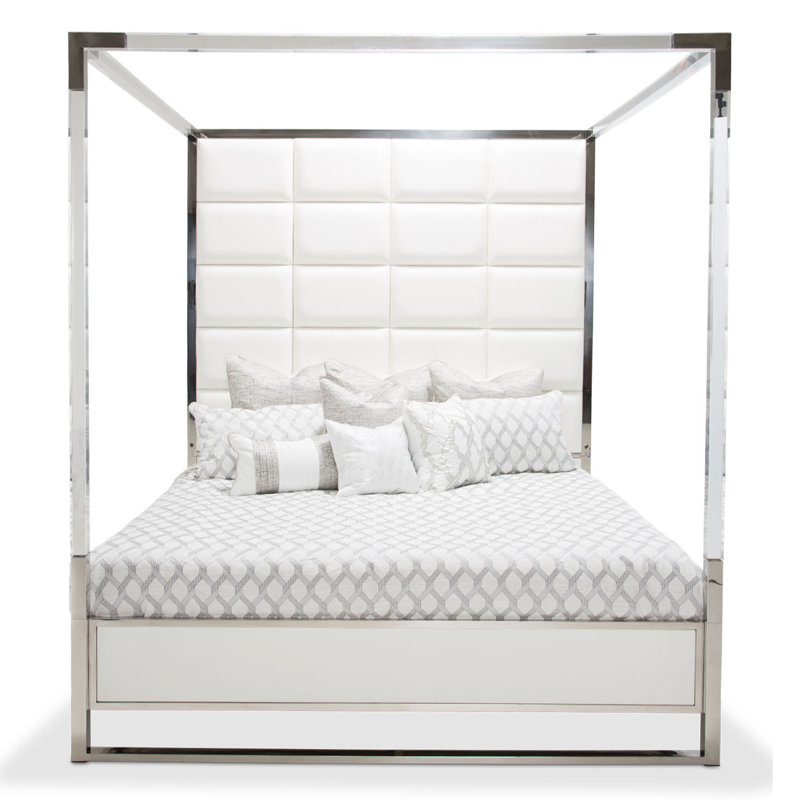 King Satin White Vinyl Upholstered Platform Bed with Metal Frame and Headboard