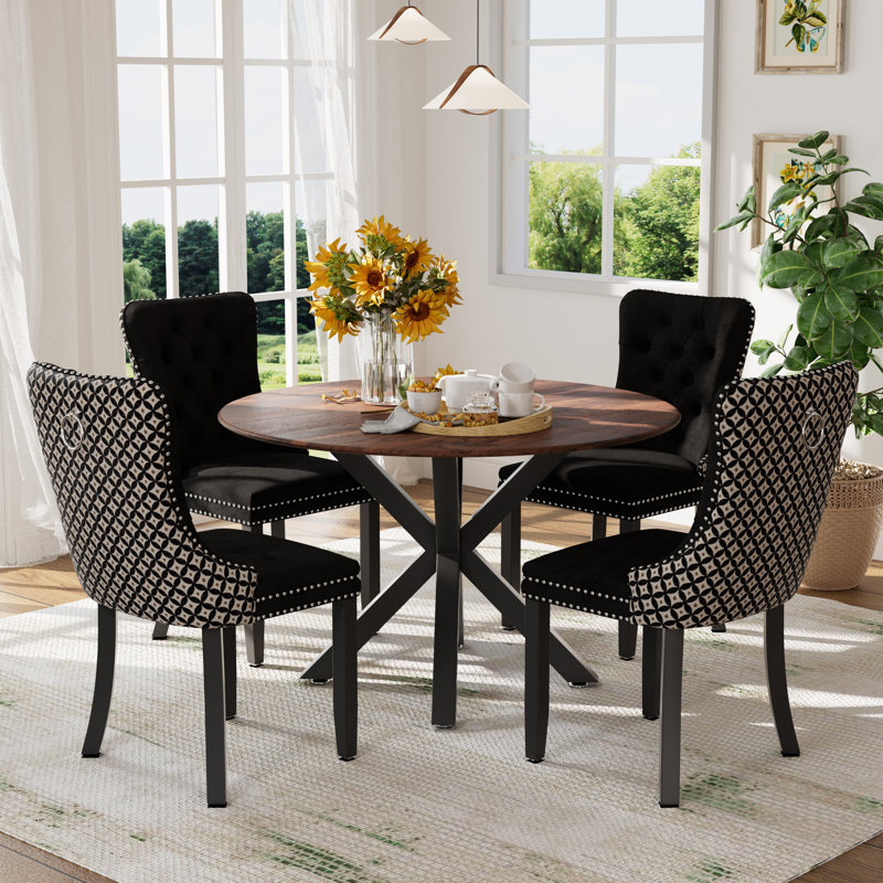 Ensemble de table et chaises de cuisine rondes pour 4, Noir, noir, noir, noir, Brun