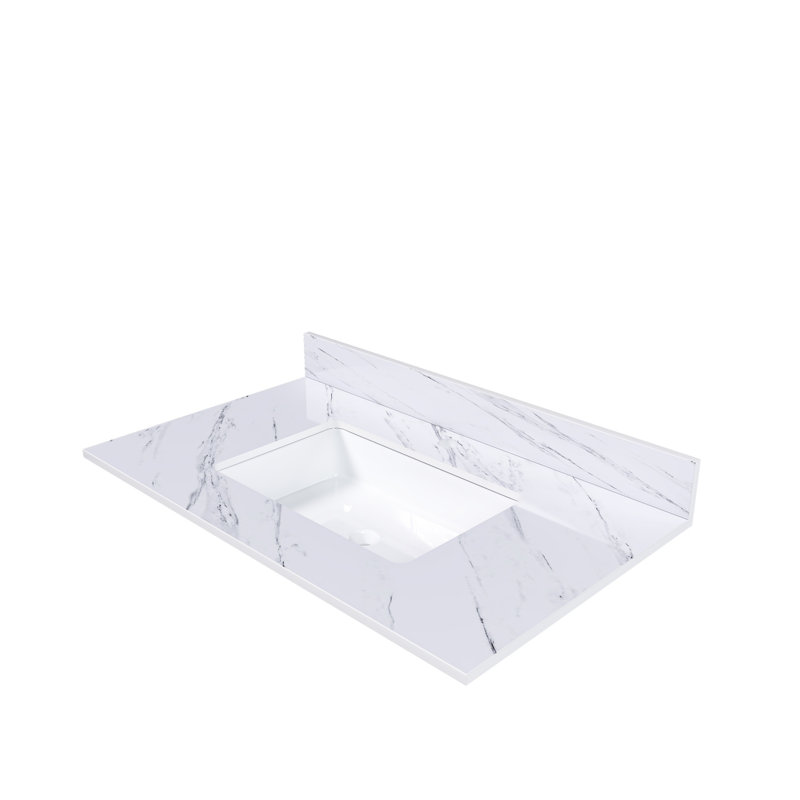 Comptoir de meuble-lavabo Bianco Carrara Venato de 37,01 po x 22,01 po x 0,71 po, 1 trou de robinet pré-percé et dosseret de 4 po + lavabo rectangulaire encastré, comptoir de salle de bain en pierre frittée blanche pour armoire de salle de bain standard de 36 po