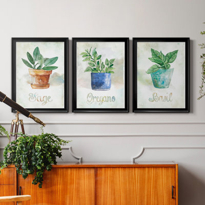Basilic en pot - ensemble de 3 peintures sur toile encadrées