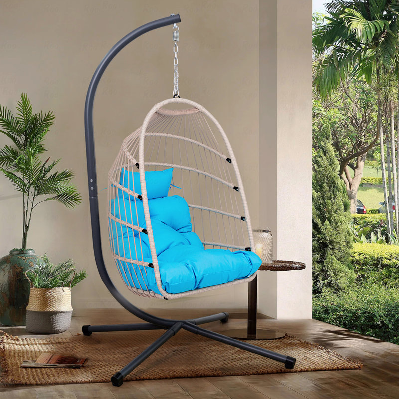 Indoor And Outdoor Hanging Egg Chair, Patio PE Wicker Swing Egg Chair With Stand, Blue
