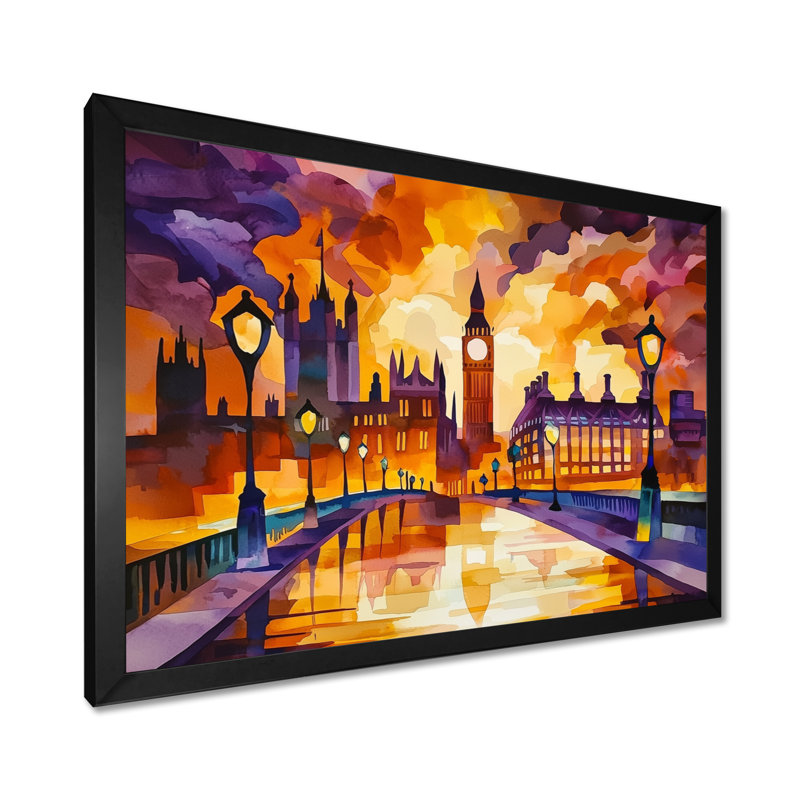 «London's Sunset City Views II - City London», reproduction d'art murale, H 34 po x l 44 po, Noir