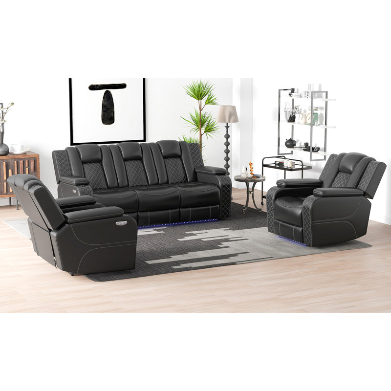 Ensemble de salon inclinable en cuir 3 pièces Davarious, Black