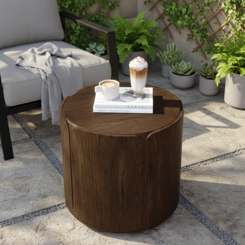 Table d'appoint intérieure ronde 19,29 po H, tabouret de jardin moderne en grain de bois, robuste MGO (oxyde de magnésium) imperméable, table sans assemblage pour patio, jardin, cour arrière, salon (brun)