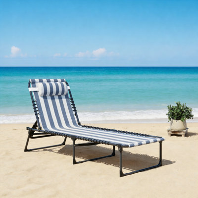 Chaise longue de plage extérieure pliante, dossier réglable à quatre positions, repose-pieds réglable en hauteur, tissu en filet respirant, structure en acier, chaise longue de camping portable pour la piscine, bleu et blanc.