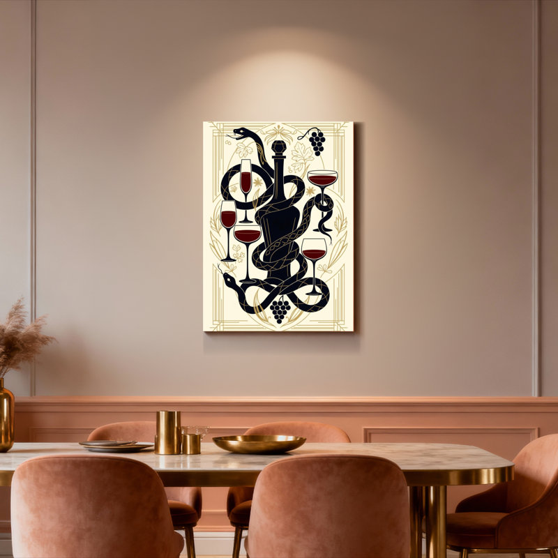 Ensemble de 1 tableau sur toile tendue représentant un serpent, une bouteille de vin, des raisins et des verres.