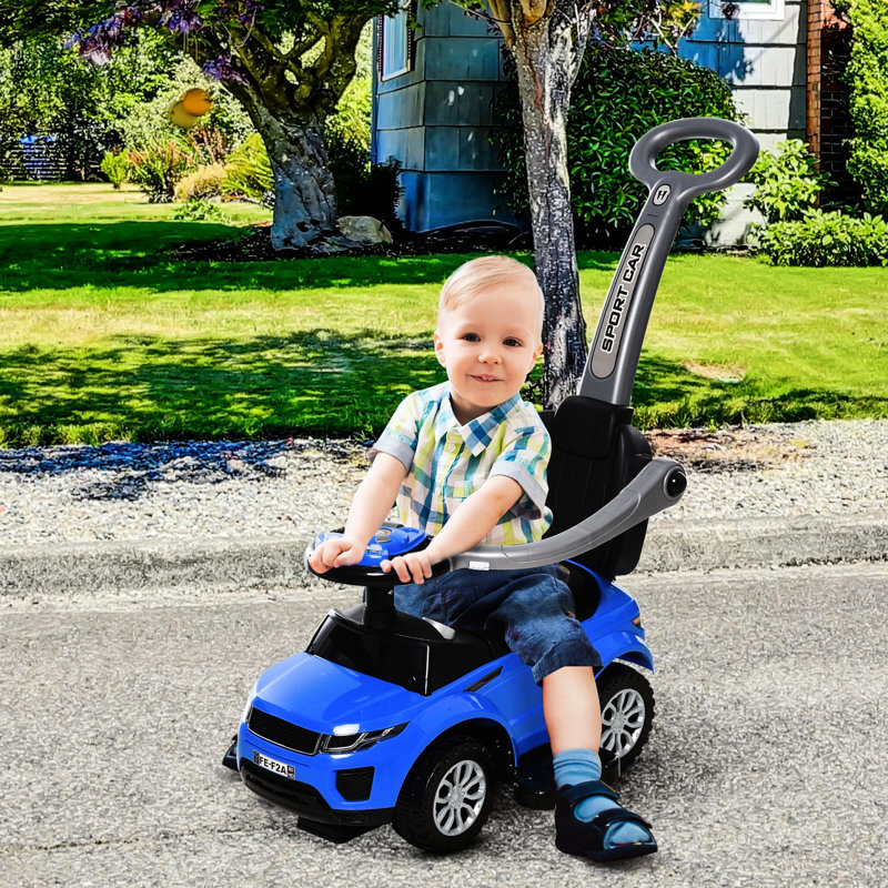 Poussette pour voiture à pousser avec siège amovible et espace de rangement pour enfants de 1 à 3 ans, bleue, avec barrière de sécurité réglable.