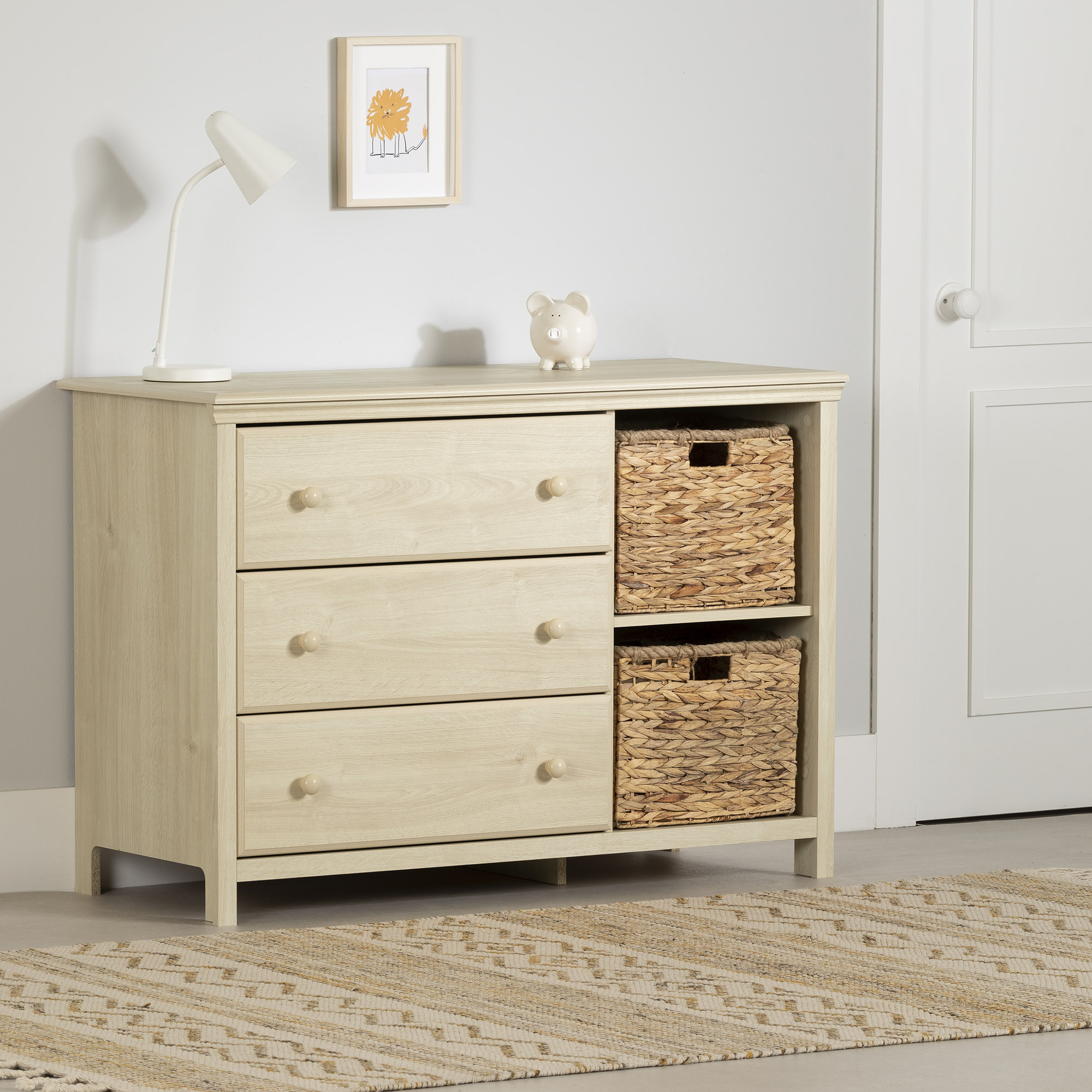 South Shore 3 Drawer Dresser with Storage Baskets Bleached Oak Cotton Candy
