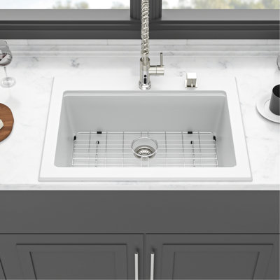 30X22" White Quartz Kitchen Sink Drop - In Workstation, Smooth Non Porous Surface, Eliminates Noise, , Comes With Drying Rack And Strainers Workstation Sink, Quiet Smooth, Reduces Dirt, Fits Common