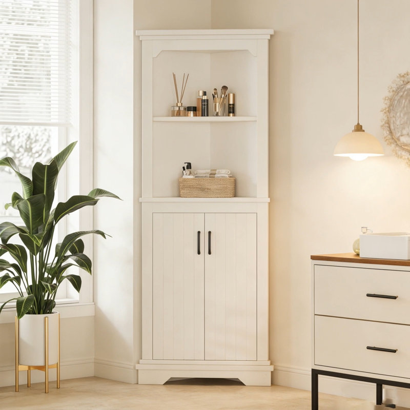Tall Corner Cabinet With Doors For Living Room, Bathroom,Dining Room Or Kitchen,Beige