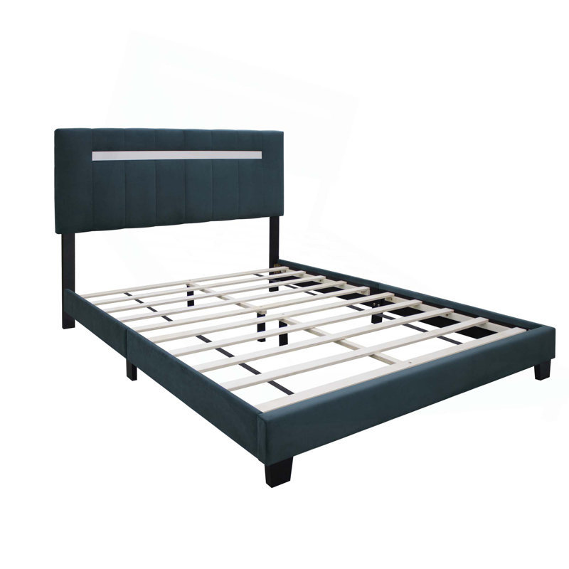 Velvet Upholstered Bed Frame With Adjustable Features, Green