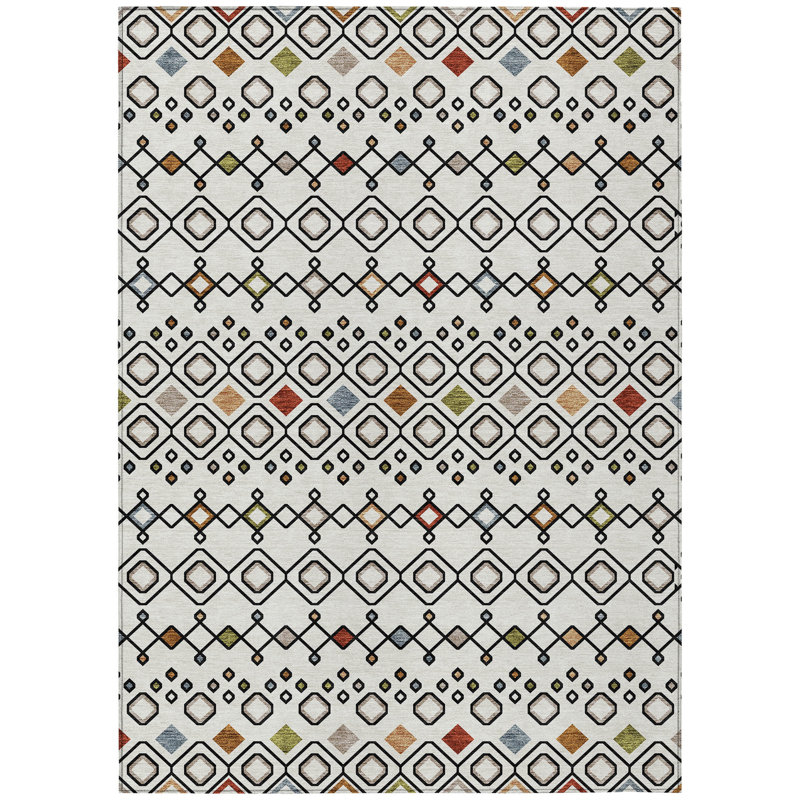Tapis intérieur / extérieur lavable géométrique 5 pi x 8 pi rouge et gris ivoire