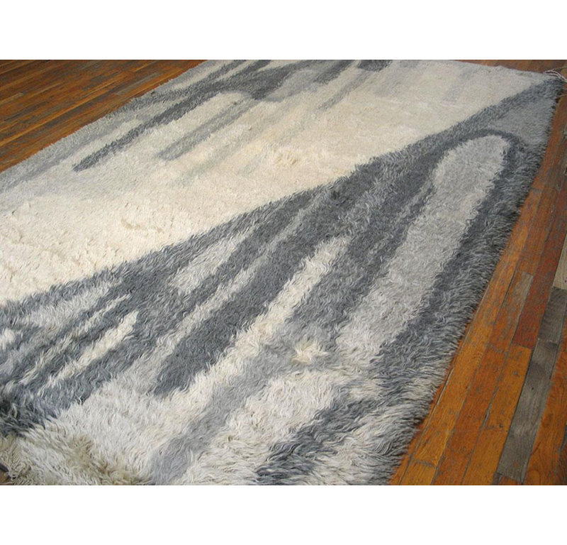 1960s Gray Abstract Vintage Swedish Rya Carpet 6'2"x9'6" Knotted Wool Rug