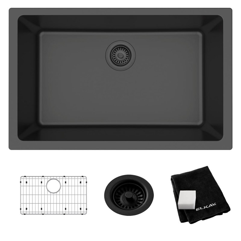 Elkay Quartz Classic 29-1/2" x 18-3/4" x 9-1/2", Single Bowl Undermount Sink Kit, Graphite, Black