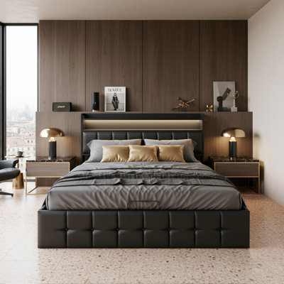 PU Upholstered Ottoman Storage Bed With LED Headboard & USB-C Port, Industrial Bed Frame, Black EU Double&King