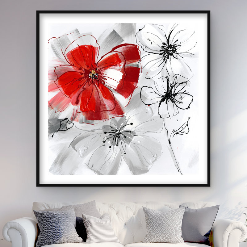 Imprimé mat à fleurs rouges et grises | Décoration intérieure, H 48 po x l 48 po