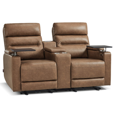 65.5" Wide Wall Hugger Power Reclining Loveseat with Outlets for Small Spaces, RV Loveseat Sofa with Armrest Storage, 360° Swivel Tray Table