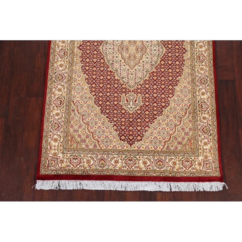 Tapis rouge en laine et en laine noué à la main de conception unique 4 pi 5 po x 7 pi New Age