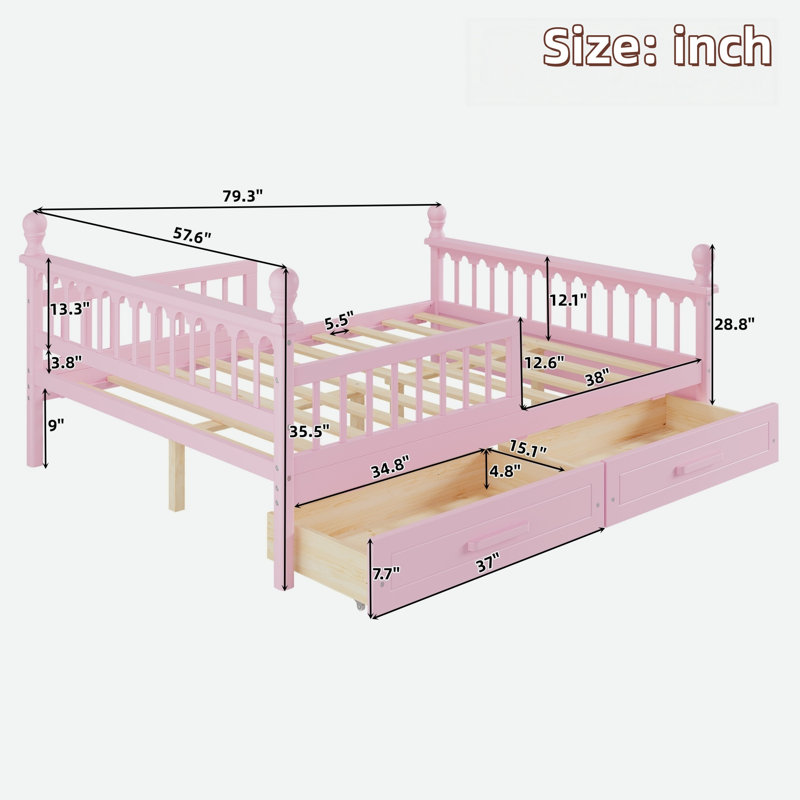 Lit en bois pour enfants avec 2 tiroirs de rangement sous le bas, garde-corps de sécurité et conception arquée décorative