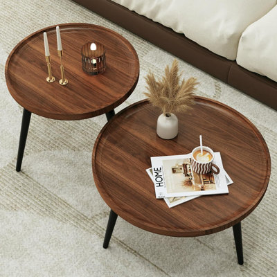 Modern Nesting Coffee Table Set of 2 for Living Room – Round Wood and Metal Accent Tables – Space-Saving, Easy Assembly