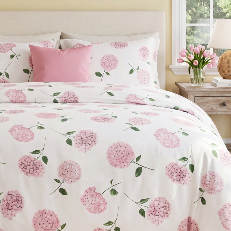 Audrina Blue/White Standard Cotton Duvet Cover Set, Queen Duvet Cover + 2 Standard Sham, Pink