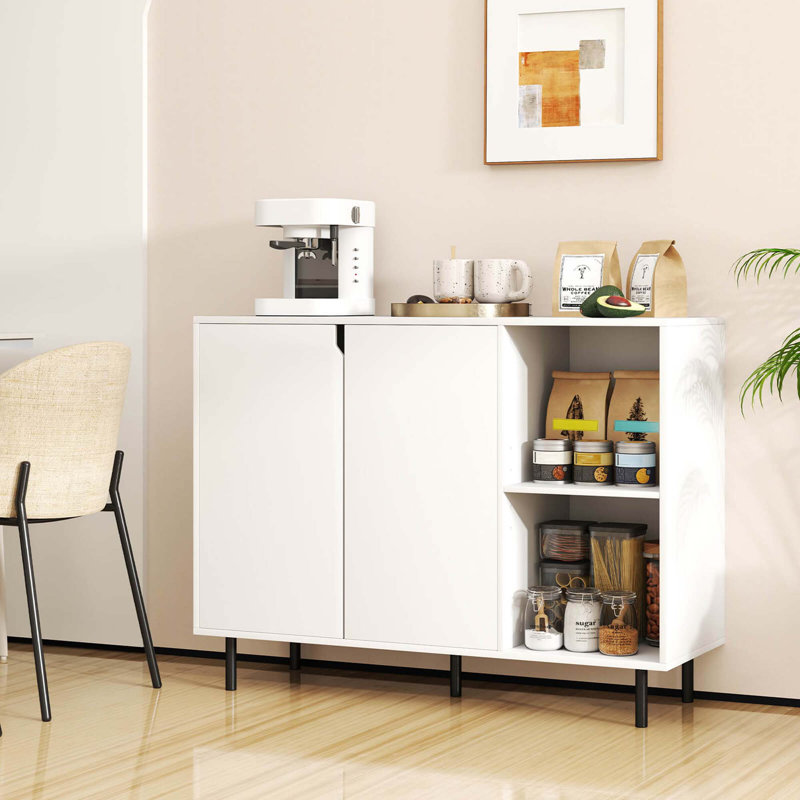 Kitchen Sideboard Buffet With Adjustable Shelves 2 Doors Sturdy Metal Legs White