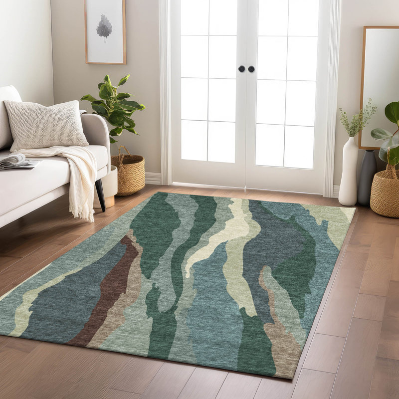 Sage Green 3' x 5' Machine Washable Synthetic Indoor/Outdoor Rug