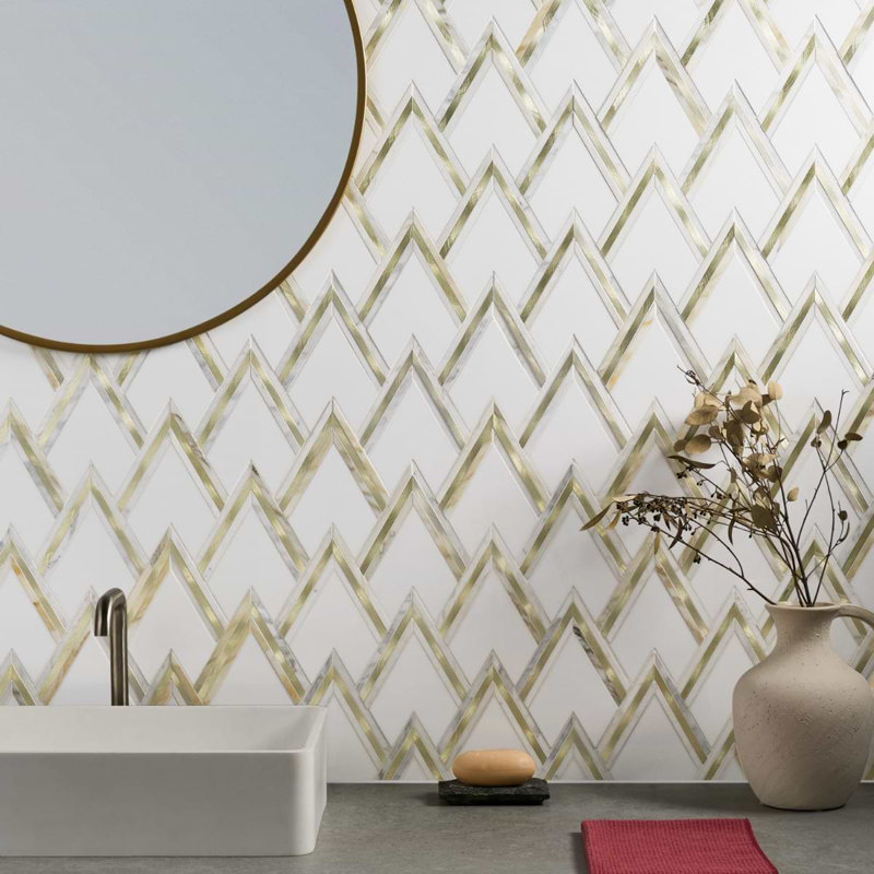 VZAG By Vanessa Deleon 13.20" x 16.92" Marble Mosaic Tile, White/Gold