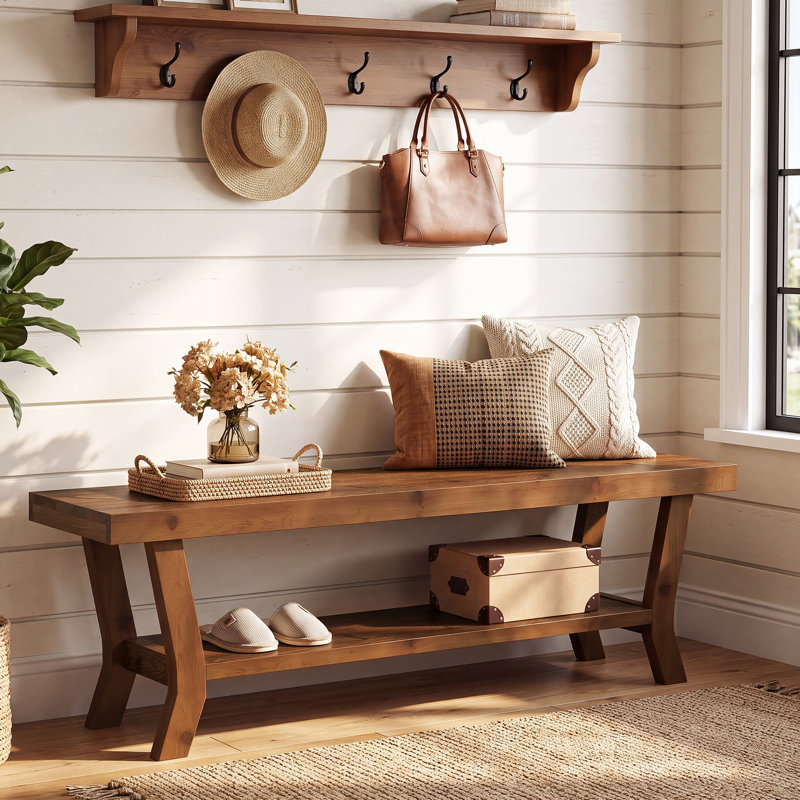 Banc en bois massif de 55 pouces, banc d'entrée avec rangement pour chaussures
