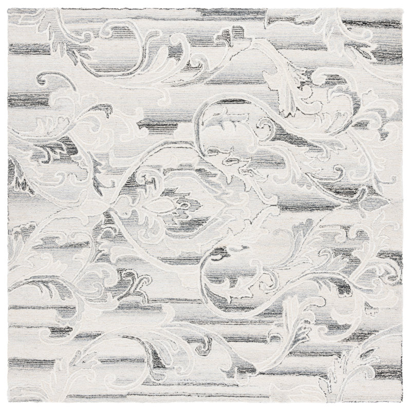 Codd Hand Tufted Wool/Cotton Floral Rug in Grey/Ivory, Square 6'